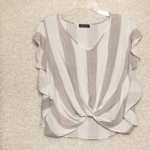 KLd Women's White Gray Stripe Mock Front Knot Top size Large Made in USA